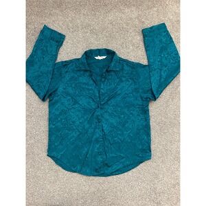 Partners Intimates Button Down Shirt Womens M Teal Paisley Jacquard Excellent